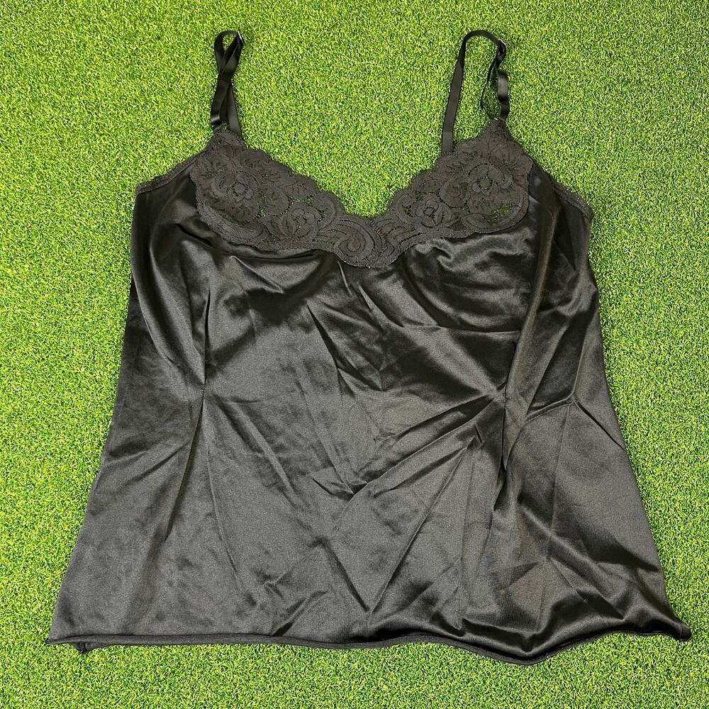 Black Satin Lace Camisole Lingerie Top Adjustable Spaghetti Straps Y2K Silky